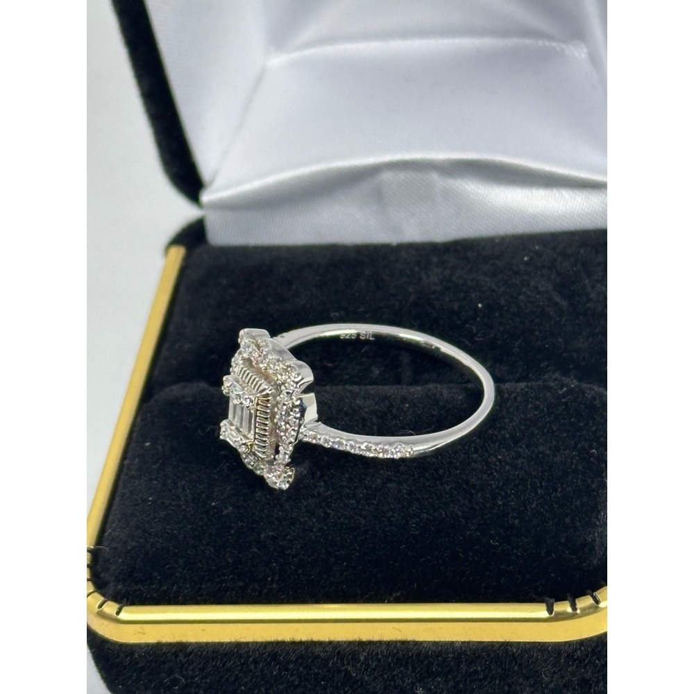 Sterling Silver Emerald Cut Cubic Zirconia Halo Engagement Ring Size 8.5 CZ 925 - Picture 6 of 9